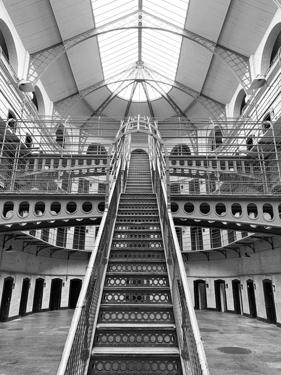 iron staircase black and white