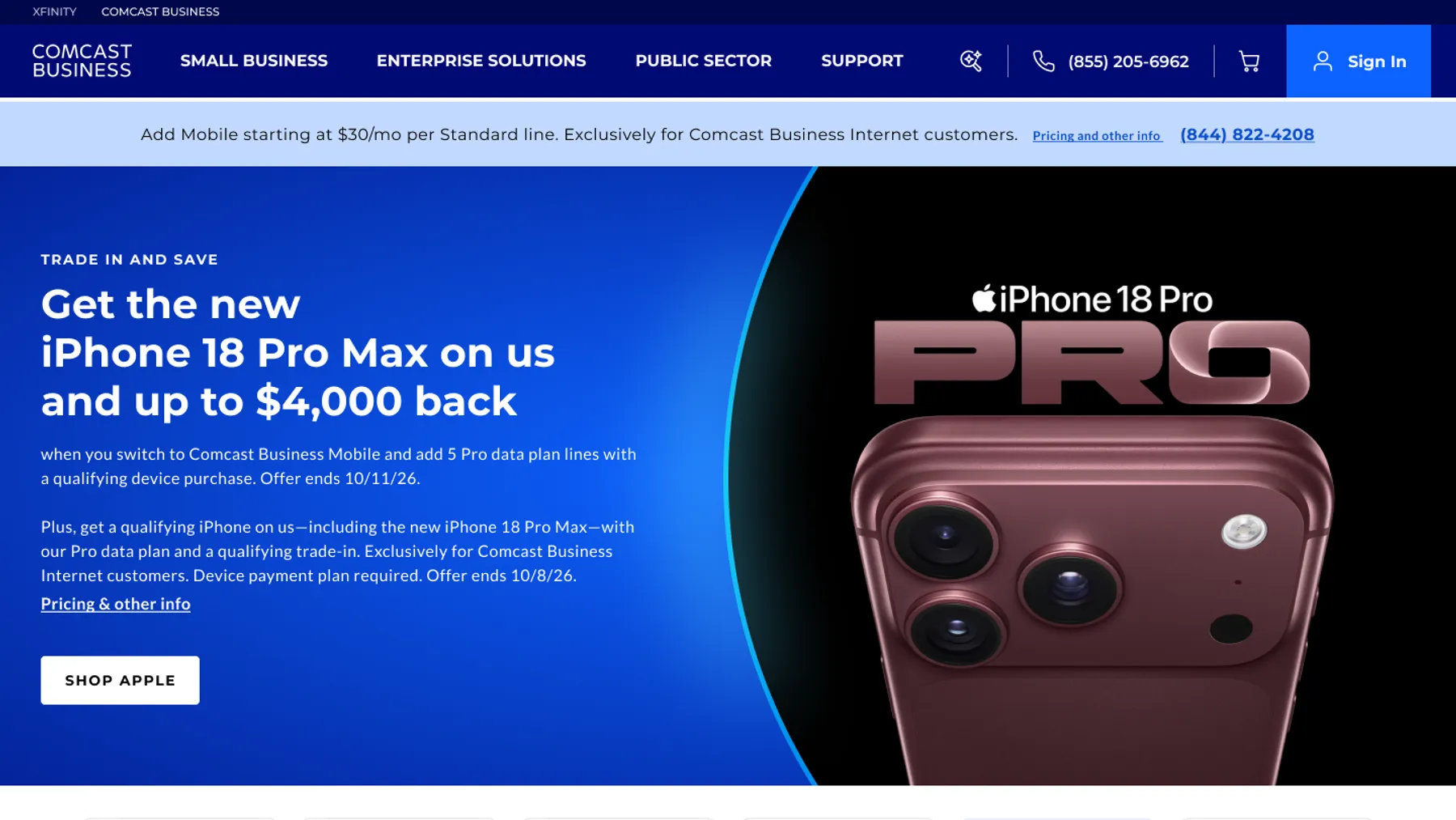 Screenshot of Comcast Business Mobile Deals